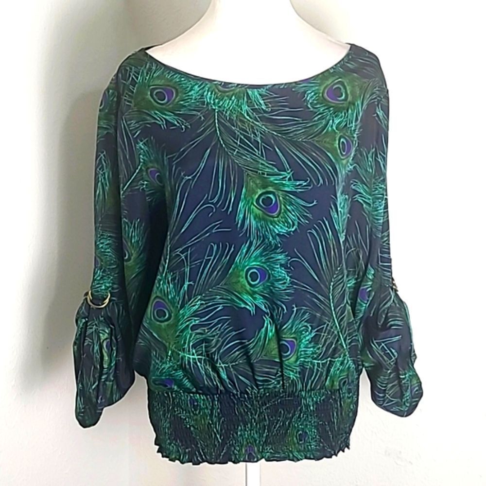 Michael Kors Green Peacock Blouse, Wide Elastic Waistband, Size Large